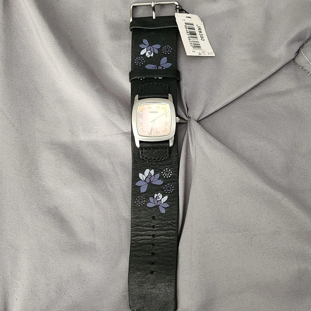 Fossil JR8350 Women Watch Black Leather Wide Cuff Band Floral Pink Dial NWT